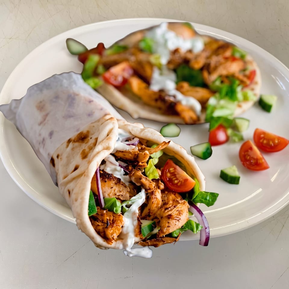 Plate of grilled chicken gyros with pita, lettuce, tomatoes, cucumbers, onions, and creamy sauce.